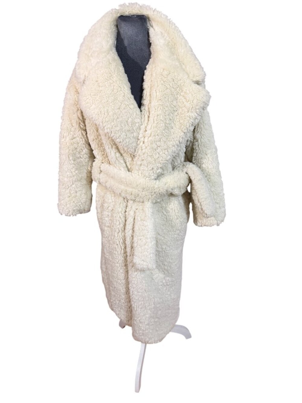 Forever 21 Womens White Faux Shearling Belted Long Coat Size S - Picture 2 of 6